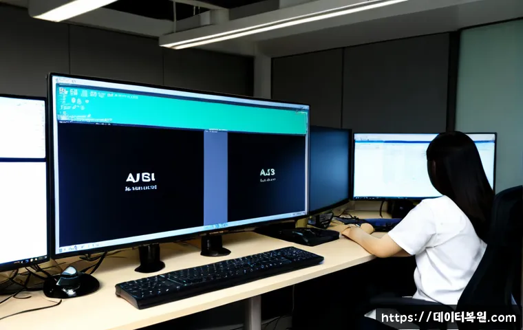 광희동 SESSION3_INITIALIZATION_FAILED - Photorealistic remote-support workstation in a compact central Seoul garment-district office, dual m...