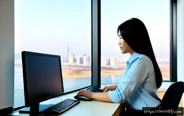광장동 STATUS_DISK_READ_FAILURE - Photorealistic IT support workstation in a modern Gwangjang-dong apartment office, desktop tower ope...