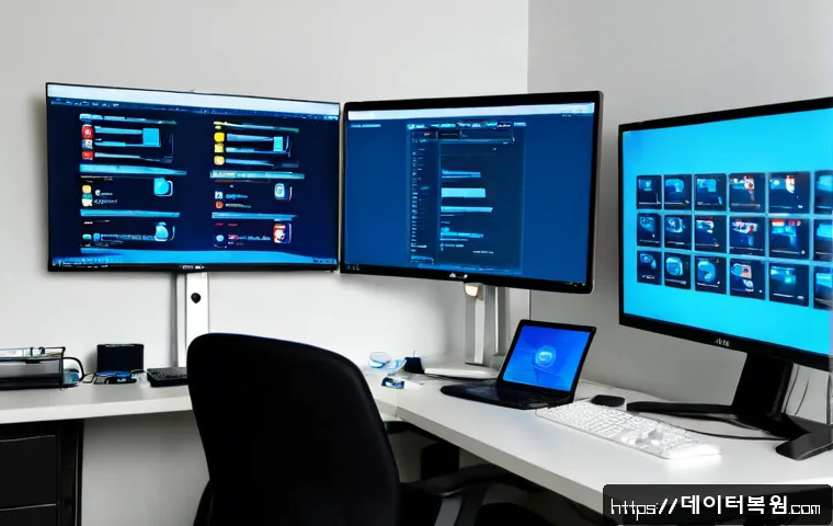 대장동 STATUS_KERNEL_MODULE_FAILURE - Photorealistic IT support workstation in a modern Pangyo-area office, dual monitors showing an abstr...