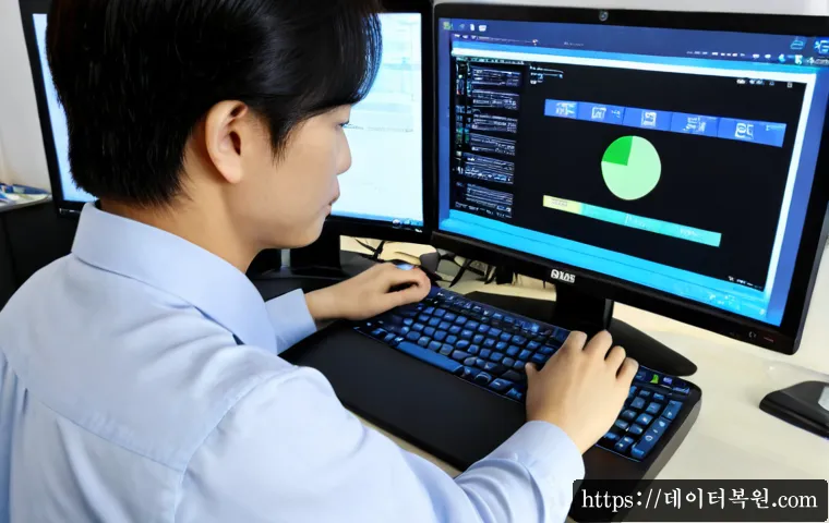양재동 KMODE_EXCEPTION_NOT_HANDLED - Photorealistic IT support workstation in Yangjae-dong, Seoul, dual-monitor desktop setup with a blue...